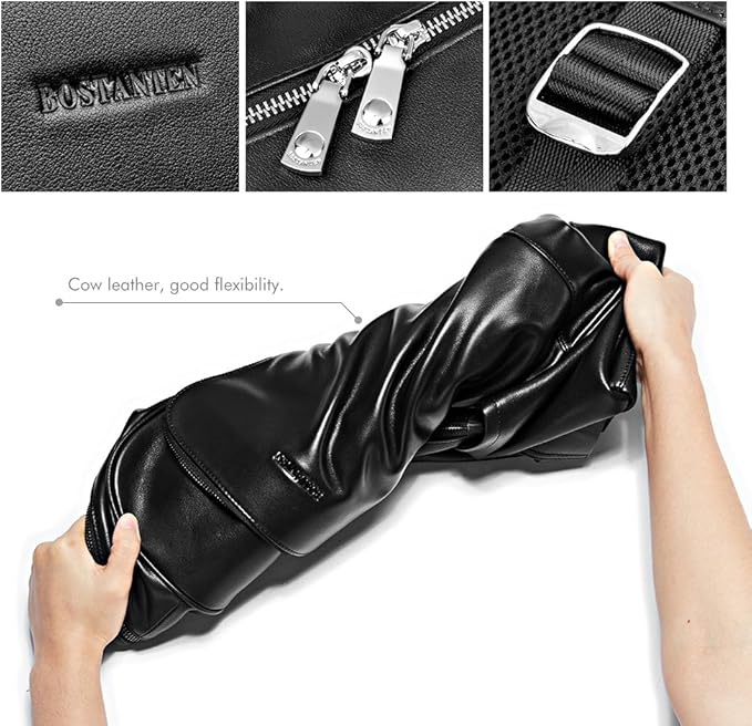 BOSTANTEN Leather Backpack College Laptop Travel Camping Computer Shoulder Bag Gym Sports Backpacks For Men Black