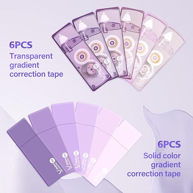 White Correction Tape, Easy To Use Cute Applicator for Instant Corrections, For school, Office Workers (Gradient Purple, 5M/196" x 0.2",12pack)