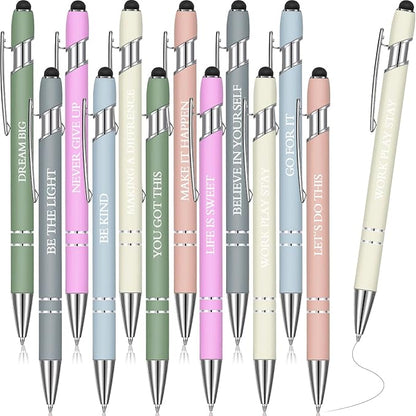 Zonon 12 Pieces Inspirational Pens Bulk Easter Basket Stuffers Motivational Quotes Ballpoint Pens with Stylus Tip Inspirational Gifts for School Office Teachers(Morandi,Motivational Style)