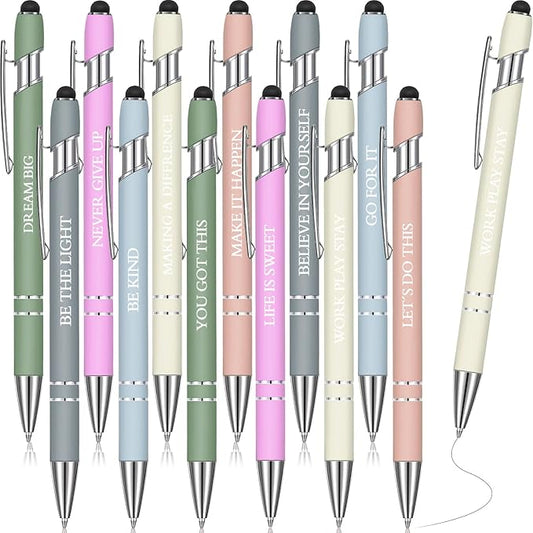 Zonon 12 Pieces Inspirational Pens Bulk Easter Basket Stuffers Motivational Quotes Ballpoint Pens with Stylus Tip Inspirational Gifts for School Office Teachers(Morandi,Motivational Style)