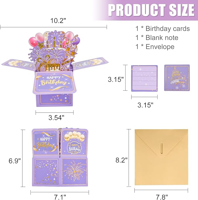 Surprise Pop Up Happy Birthday Cards, Lovely 3D Birthday Card for Adults and Kids with Envelopes, Unique Design Handmade Foldable Greeting Cards for Daughter, Son, Mom, Dad, Friend（Purple）