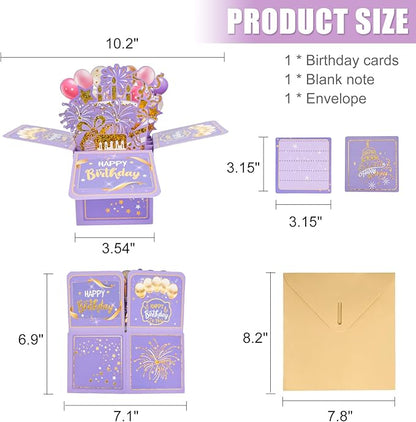 Surprise Pop Up Happy Birthday Cards, Lovely 3D Birthday Card for Adults and Kids with Envelopes, Unique Design Handmade Foldable Greeting Cards for Daughter, Son, Mom, Dad, Friend（Purple）