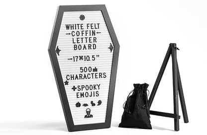 Coffin Letter Board White With Spooky Emojis +500 Characters, and Wooden Stand - 17x10.5 Inches - Gothic Halloween Decor Spooky Gifts Decorations