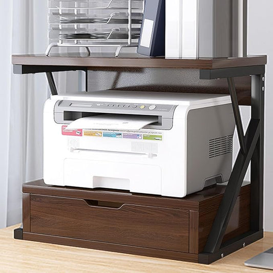 Printer Stand for Desk,2 Tier Desktop Printer Stand,Home Printer Stand with Storage Drawer,Small Printer Table,Desk Organizer Shelf for Top of Desk,Printer Rack for Fax Machine,Scanner-Walnut
