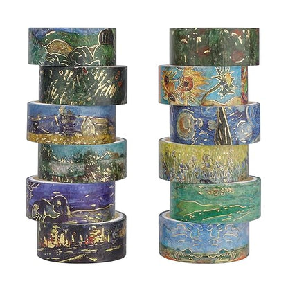 Lychii Washi Tape Set, 12 Rolls Gold Foil Van Gogh Oil Painting Patterns 5M/16.4Ft Long Decorative Masking Tapes for Planners, Calendar, Scrapbook, Journal - 15 mm