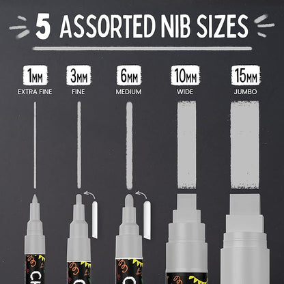 5 Silver Chalkboard Chalk Markers - Silver Dry Erase Markers for Blackboard, Chalkboard Signs, Windows, Glass | Variety Pack - Fine & Jumbo Size Ink Pen (1mm, 3mm, 6mm, 10mm, 15mm)