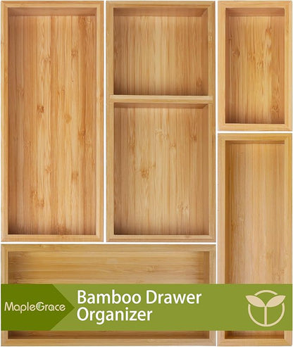 Bamboo Drawer Organizer Set, 5 PCS Multi-Use Individual Wood Storage Organizers, Junk Drawer Divider and Storage Trays Containers for Kitchen, Bathroom, Office Desk, Makeup, Jewelry, Utensils
