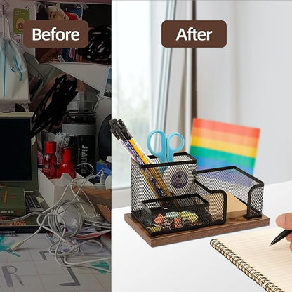 Antique Wood & Mesh Pen Holder Office Supplies Caddy, Storage Baskets for Desktop Accessorieswith Sticky Notes Holder,3 Compartments(2 Pack Black)