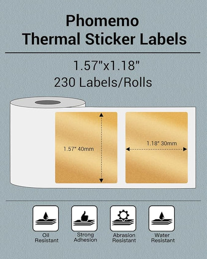 Phomemo Thermal Sticker Labels- 1.57"x1.18"(40x30mm) Thermal Label for M110/M221/M220/M120/M200, for Barcode/Address/Mailing/Logo/Business/Home Tag, Black on Golden