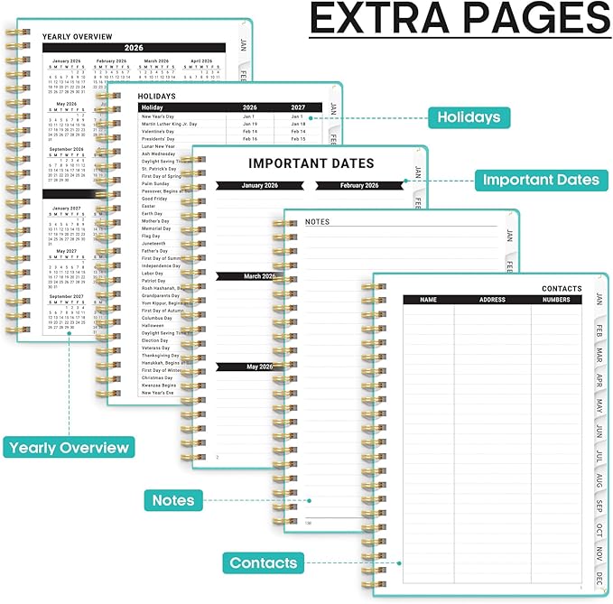 2026 Planner, Weekly and Monthly Calendar Planner, January 2026 - December 2026, Hardcover 2026 Calendar Planner Book with Tabs For Women & Men, Inner Pocket, Spiral Bound, Perfect for Office Home School Supplies - A4 (8.5" x 11"), Aquamarine