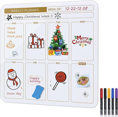 SELEAD Magnetic Glass Planning Board for Small Apartment - 18”x18” Dry Erase Whiteboard Weekly Planner Wall Calendar, Message Memo TODO Board for Home Kitchen, White&Gold