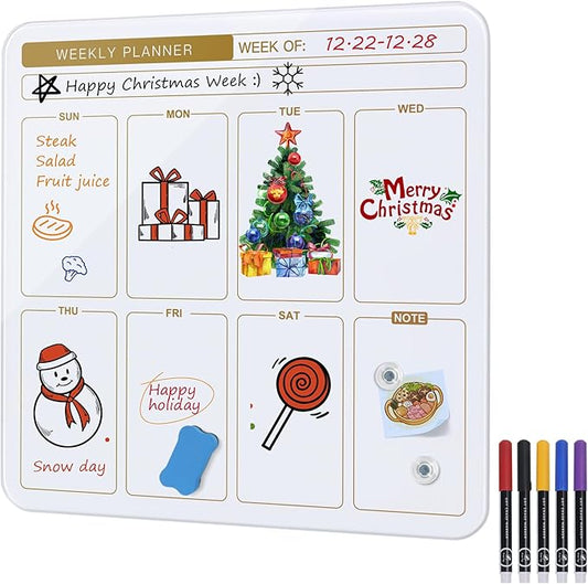SELEAD Magnetic Glass Planning Board for Small Apartment - 18”x18” Dry Erase Whiteboard Weekly Planner Wall Calendar, Message Memo TODO Board for Home Kitchen, White&Gold