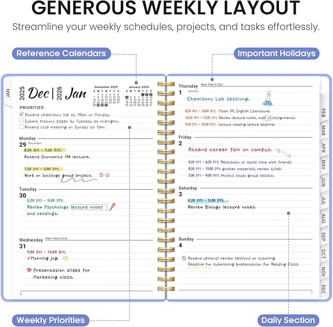 2026 Planner, Weekly and Monthly Calender Planner, Jan 2026 to Dec 2026, Hardcover 2026 Calendar Planner Book with Tabs & Inner Pocket, Office Home School Supplies for Women & Men - A5 (6.3" x 8.5"), Lavender