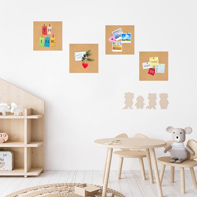 Cork Board Tiles - 4 Packs Adhesive Corkboards for Wall, Small Cork Board Squares Decorative for Office, School & Home