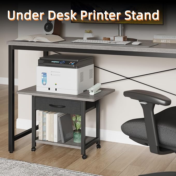 22"x15" Large Printer Stand with Storage Drawer, 2-Tier Under Desk Printer Table for Home Office, Printer Cart fit Fax Machine/3D Printer/Scanner(Gray)