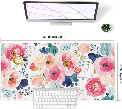 Colorful Star Large Mouse Pad, Pink Floral Desk Mat for Desktop, Women Girls PU Leather Waterproof Gaming Mousepad, Computer PC Laptop Protector Writing Pads for School Office Home 31.5" x 15.7"