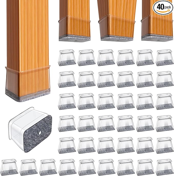 Chair Leg Floor Protectors Rectangle Chair Leg Protectors for Hardwood Floors Silicone Pads Covers to Protect Floors(Clear-40 Pcs, Rectangle M Fit (W:3/4" ~ 1",L:1-1/8"~1-1/2")