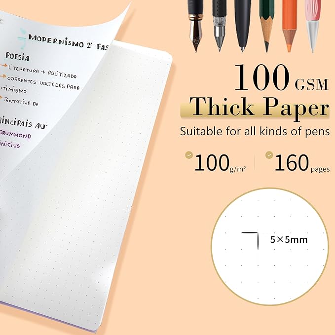 Dot Grid Spiral Notebook A5 Spiral Bullet Dotted Journal 160 Pages Thick Dot Paper Notebooks Plastic Hardcover Spiral Notebook 5x7 Wire Bound Notebooks for Note Taking School Office Supplies,Purple