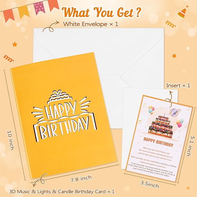 Birthday Cards, Musical Pop Up Birthday Cards with Light, Blow Out LED Light Candle and Play Happy Birthday Music Pop Up Card, 90 Degree Vertical Cake Greeting Card, Birthday Gifts for Women