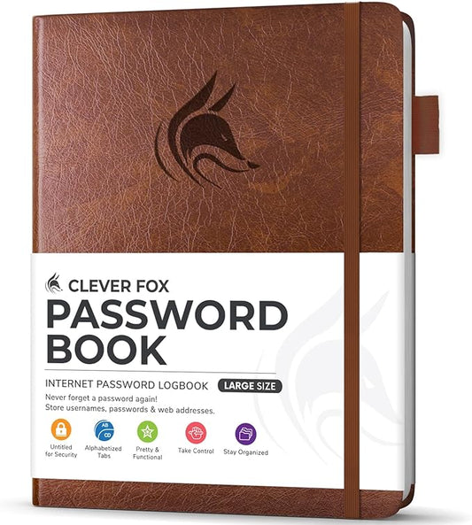 Clever Fox Password Book with Alphabetical tabs. Internet Address Organizer Logbook. Large Password Keeper for Website Logins (Brown)