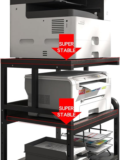 3-Tier Printer Stand with Wheels Retro Brown Printer Desk Removable and Fixed Printer Stand Rolling Cart Rack for Fax Machine, Scanner Office and Home Storage Rack