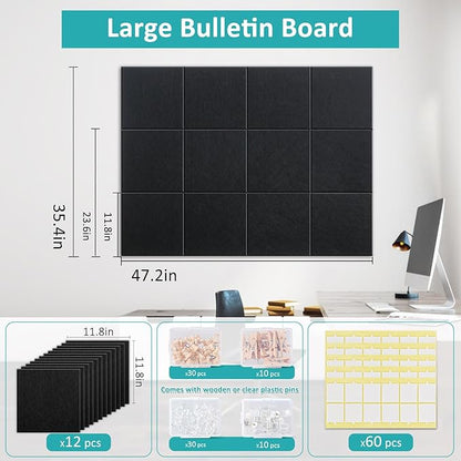 Black Cork Board 48" x 36" - 12 Pack Felt Wall Tiles with Safe Removable Adhesive Tabs - Large Cork Board for Office & Home & School Walls Decor - Black