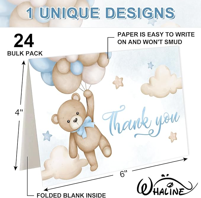 Whaline 24 Pack Bear Thank You Card Blue Bear Balloon Greeting Card with Envelope Sticker Cute Blank Note Card for Baby Shower Party Invitation Supplies, 4 x 6 Inch