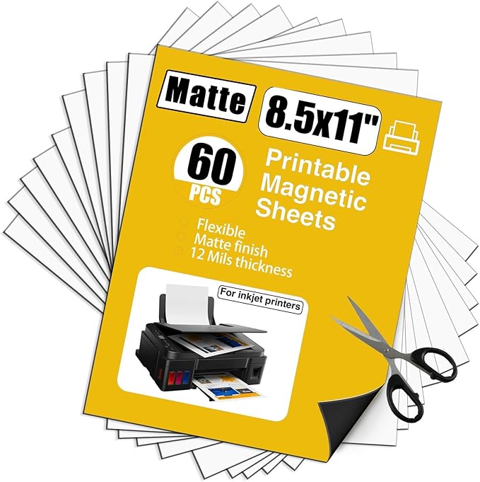 Matte Printable Magnetic Sheets,Non Adhesive,12 Mils Thick 60pcs Magnet Paper for Inkjet Printer in Office,Flexible Magnetic Printer Photo for DYE Ink