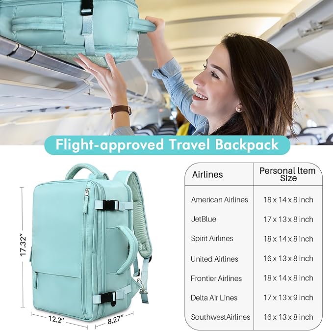 Travel Backpack for Men Women, TSA Friendly Carry-on Backpack Luggage Airline Approved, Personal Item Backpack Bag, Backpack for Traveling, Blue-Green