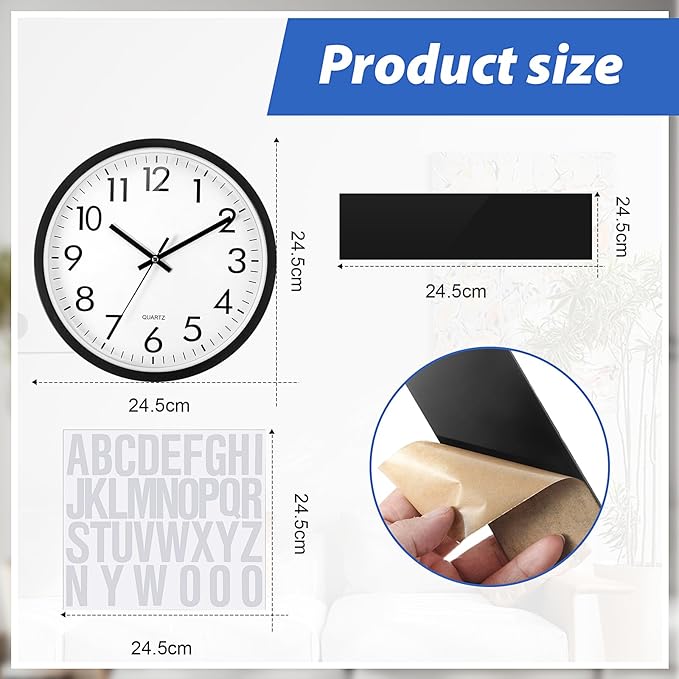 Sasylvia 3 Pcs 10 Inch Wall Clock Battery Operated Round Clock with 3 Pcs Black Acrylic Sheets 4 Sheets of Self Adhesive Vinyl Letter Stickers Alphabet Stickers for School Office Home