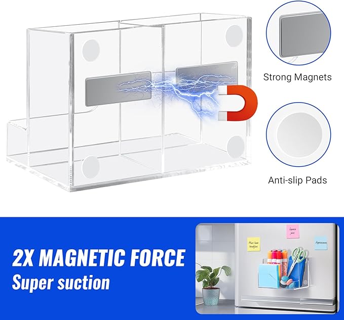 Simetufy Clear Magnetic Dry Erase Marker Holder for Refrigerator, Partition Non-slip Acrylic Whiteboard Marker Holder with Large Slots for Magnetic Board, or Metal Surfaces for Fridge, Lockers, Washer
