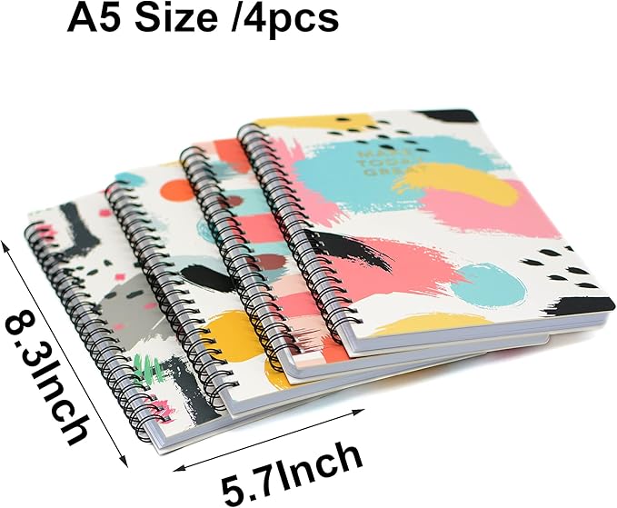 Yansanido Spiral Notebook, 4 Pcs A5 Thick Graffiti Design Hardcover 8mm Ruled 4 Color 80 Sheets -160 Pages Journals for Study and Notes (Colorful)