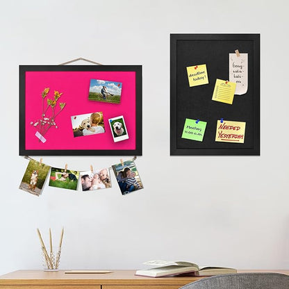2PCS Black Bulletin Boards Cork Board with Felt, 15"x11" Small Display Pin Board Vision Board for Walls, Jewelry, Notes, Collection, Photos, Office, Wood Framed(Black) & Felt(Black), 2p
