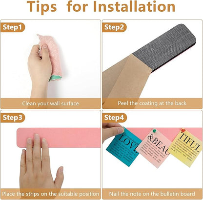 Felt Pin Board Bar Strips Bulletin Board for Bedrooms Offices Home Wall Decoration, Notice Board Self Adhesive Cork Board with 35 Push Pins for Paste Notes, Photos, Schedules