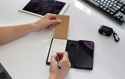 MOJO Notepad Phone Case for iPhone 16 - Folding Wallet Phone Case with Mini Pen and Note Pad (Black)