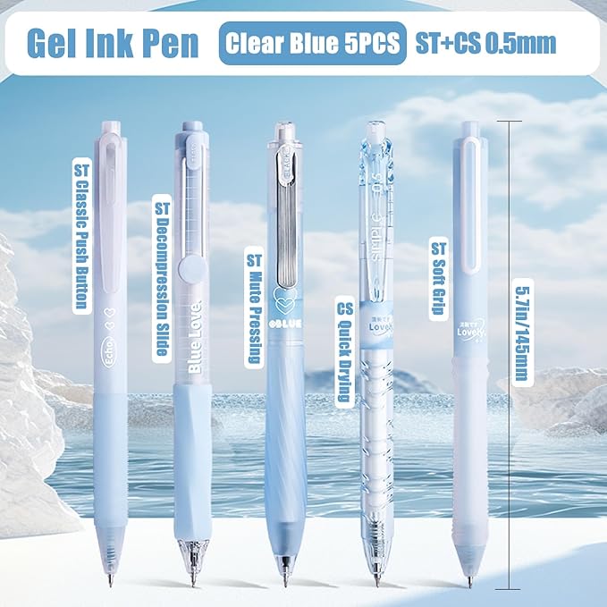5 Count Pastel Gel Ink Pen Set,Cute Note Taking 0.5mm Fine Point Retractable 5 Count Black Ink Pens for Writing, Journaling, School, Office (Light Blue Clear)