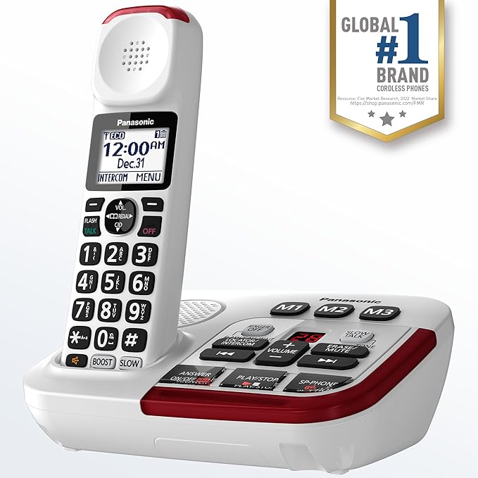 Panasonic Amplified Cordless Phone with Slow Talk, 40dB Volume Boost, 100dB Loud Visual Ringer, Hearing Aid Compatibility, Large Screen and Backlit Keypad - KX-TGM420W - 1 Handset (White)