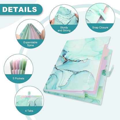 Ddaowanx Expanding File Folder, Letter A4 Size Accordion Plastic File Organizer, 5 Pocket Folders for Documents, Aesthetic Folder with Labels, Paper Organizer for School Office (Green Marble)