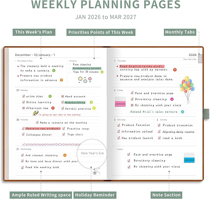 AHGXG 2026 Planner, Weekly and Monthly, Large A4 8.5"x11", Planner 2026-2027, Calendar 15-Months Jan 2026 - Mar 2027, Vegan Leather Softcover, Inner Pocket, Sage Green