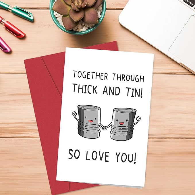 Romantic Anniversary Card for Husband Wife, Funny Birthday Card for Him Her, Cute Wedding Anniversary Card for Women Men, 'Together Through Thick and Tin Love You'