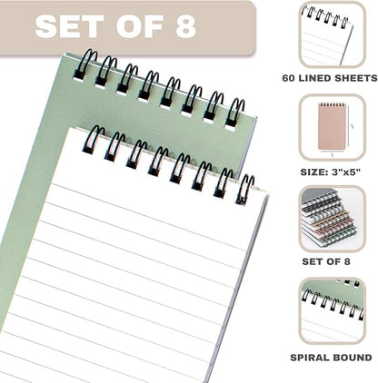 ZICOTO Aesthetic Pocket Notebooks Set Of 8 - Small 3x5 Spiral Notepads With Lined Pages - The Perfect Little Mini Note Pads to Stay Organized and Boost Productivity at Work or School