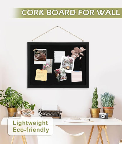 2-Pack Double-sided Black Cork Board with Linen, 16" x 12" Hanging Wood Framed Small Bulletin Board, Picture Display Vision Board Kit Corkboards for Wall Room School Office Decor, 20 Pushpins