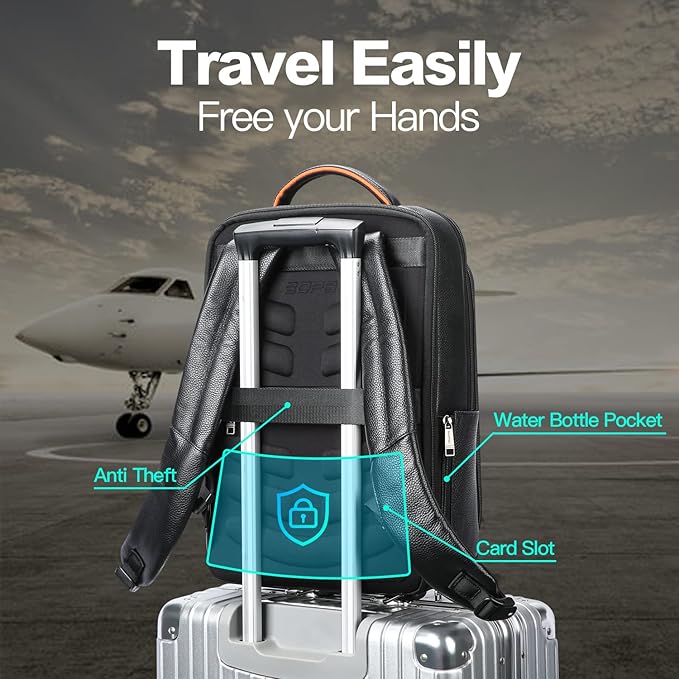 BOPai Genuine Leather Backpack for Men Multifunctional 15.6 inch Laptop Executive Business Travel Friendly Intelligent High Tech Rucksack USB Professional Anti Theft Large Capacity Classic Black