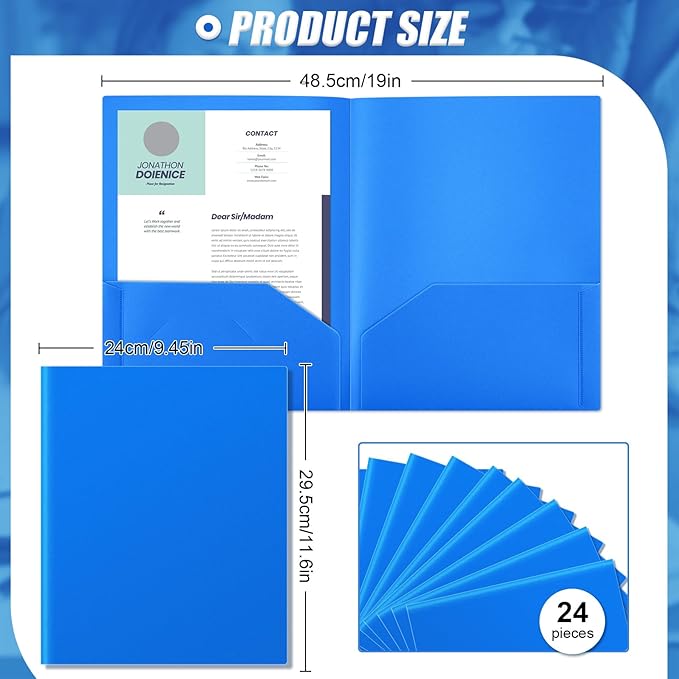 Gueevin 24 Pcs Plastic Folders with Pockets, Two Pocket Folder Fit Letter Size, Heavy Duty School Business Card Holder for Home Office School Bussiness, 11.61 x 9.45 Inches (Blue)