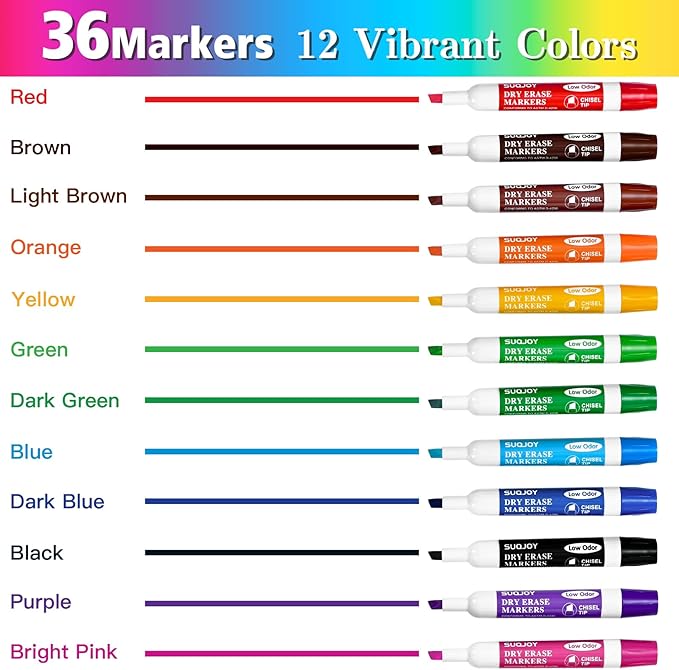 Dry Erase Markers, Chisel Tip Whiteboard Markers, Low Odor Dry Erase Marker, 36 Bulk 12 Assorted Color Markers for Kids/Teachers