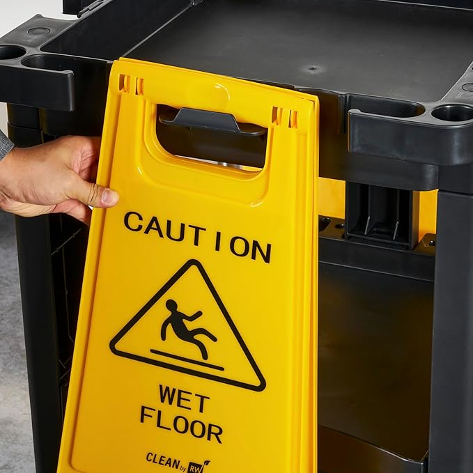 Restaurantware-Clean Tek Professional Janitor Cart with Wheels, 1 Cleaning Trolley with Cover and 21 Gallon Bag - 3 Shelves, Heavy-Duty, Gray Plastic Commercial Janitorial Cart, for Restaurants