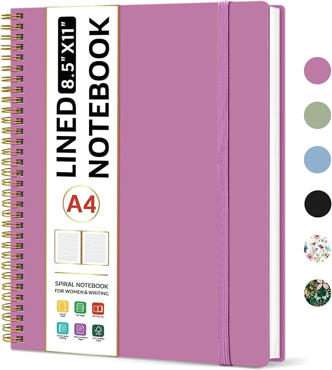 Taja Spiral Lined Notebook, 8.5"x11" Notebooks for Work, Large A4 Journal for Women & Men, College Ruled Journaling Notebook for Writing, Plastic Cover Spiral Journal, Purple