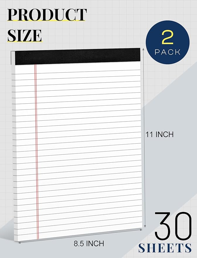 Legal Pads 8.5 x 11 White Note Pads 8.5 x 11 In 2 Pack Notepads 8.5 x 11 Writing Pads of Paper 8.5 x 11 Legal Notepads Wide Ruled White Lined Paper Pads 8.5 x 11 30 Sheets Per Legal Note Pads 8.5 x 11