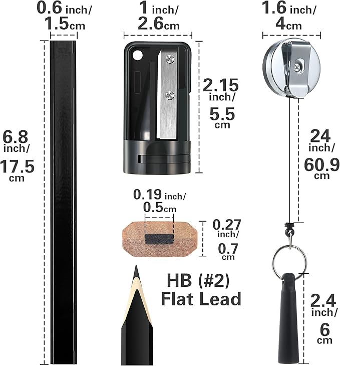 14 Pcs Carpenter Pencils, 7 Inches Flat Octagonal Hard Black Woodworking Construction Pencils Heavy Duty with Pencil Sharpener and Retractable Pencil Holder for Contractor Carpentry (Black)