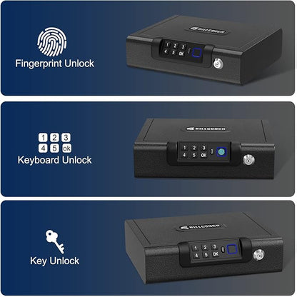 Gun Safe,Biometric Gun Safe for Pistols 3-Ways unlock Fingerprint Digital PIN Key Unlock with Voice, Lock box for Cloakroom living room Bedroom Nightstand and Car BILLCONCH